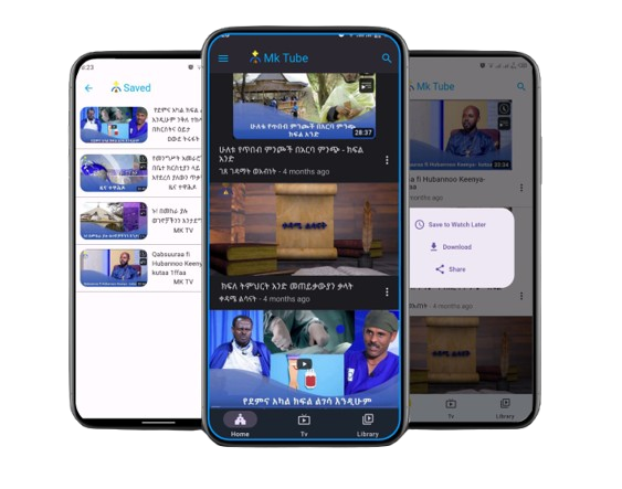 MK Tube streaming app displayed on three phones